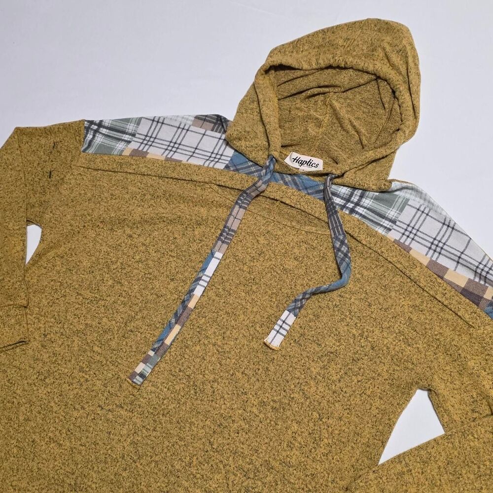 Haptics Mustard Yellow Plaid Patchwork Peek-A-Boo Hoodie - Size Small